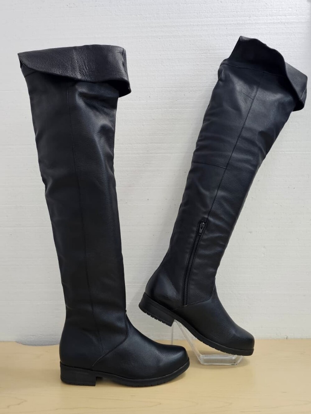Ellie Black Faux Leather Foldable Cuff Over The Knee Boots, Sz 7